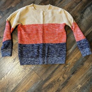 Tan and Orange Crewneck Sweater with Bold Color Blocks